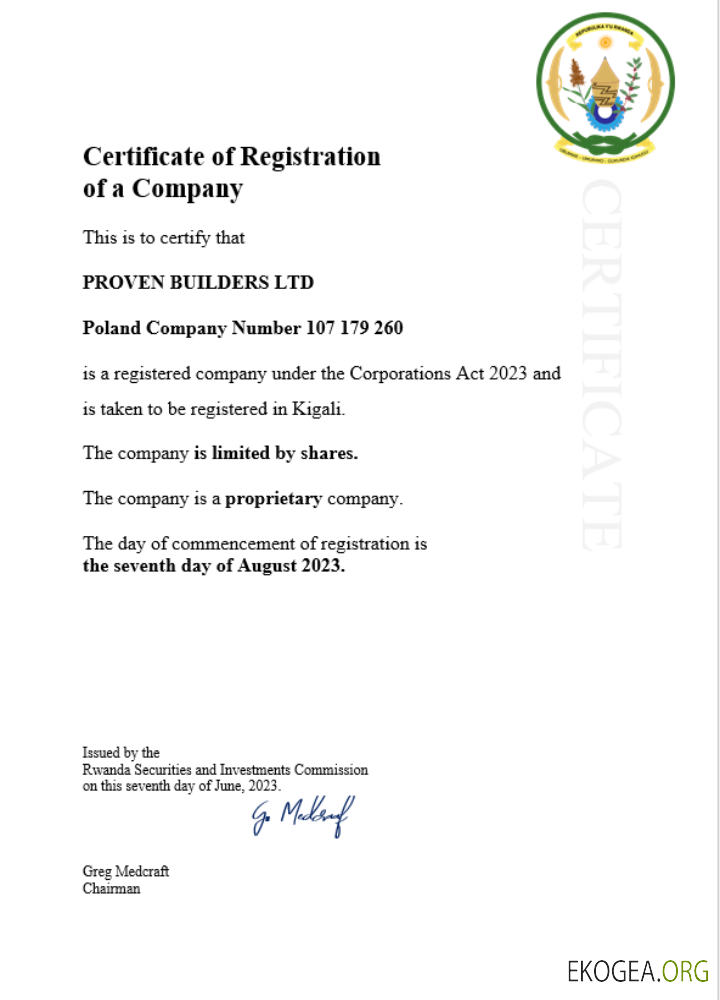 Modèle Word et PDF de certificat d'enregistrement d'entreprise au Rwanda template